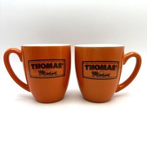 2 THOMAS' English Muffins and Bagels Orange Coffee Cup Mug Stagecoach Logo RARE